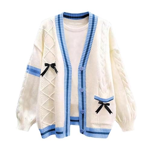 Shebote Womens Cute Sweet Cardigan Sweater Long Sleeve V-Neck Bowknot JK School Uniform Cardigans Knitted Sweaters - Image 1