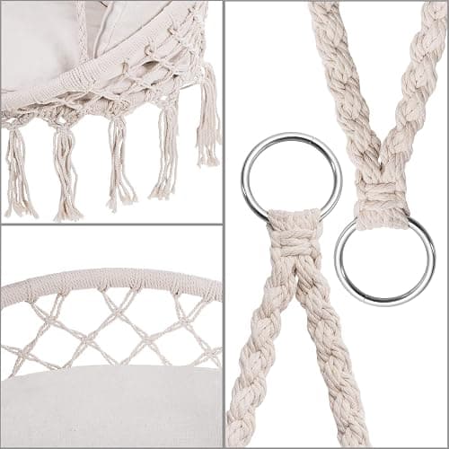 DETEX® Boho Style Hanging Circular Chair | 60cm Diameter Round Seat 150kg Capacity with 2 Cushions | Weatherproof 360° Swing Seat Galvanised Steel Cotton Indoor Outdoor | Cream thumbnail 7