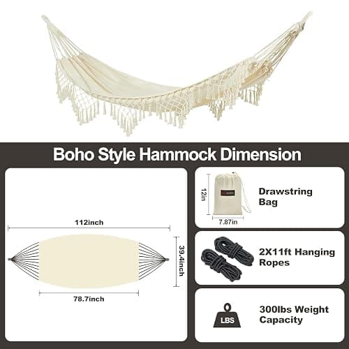 JoyView Boho Macrame Single Hammock with Hanging Ropes & Elegant Tassels 78.8x39.4 Portable Cotton Hammock for Patio Backyard Porch 300LBS Weight Capacity Perfect for Outdoor/Indoor - Beige Color thumbnail 3