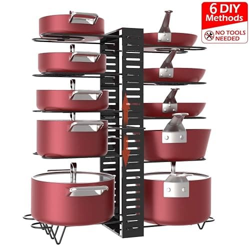 X-cosrack Pot Racks,10 Tier Adjustable Heights with Non-slip feet,6 DIY Methods,Expandable Kitchen Cabinet Pantry Pans and Pots Lid Organizer Rack Holder, Black thumbnail 7
