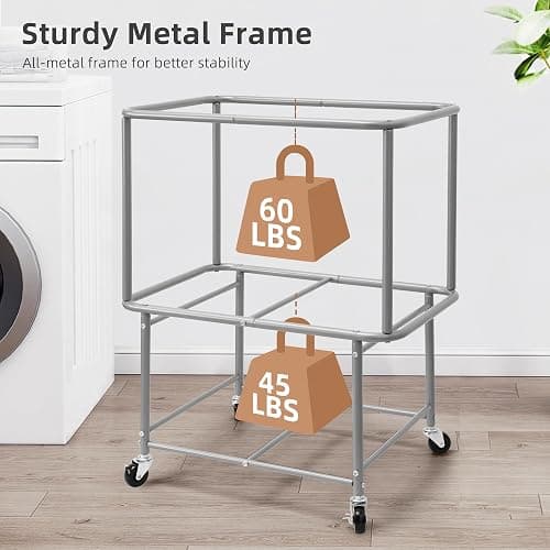 STORAGE MANIAC Rolling Laundry Cart with Storage Shelf, Heavy Duty Industrial Laundry Basket with Wheels, Commercial Metal Frame Clothes Hamper with Canvas Bag for Dorm, Closet, Bedroom, Beige thumbnail 5