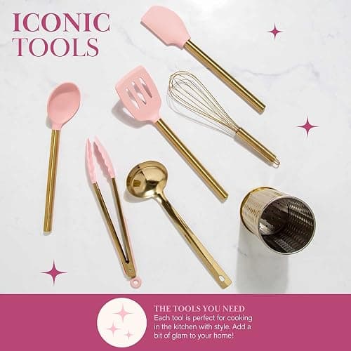 Paris Hilton Kitchen Set Tool Crock with Silicone Cooking Utensils, Stainless Steel Whisk and Ladle, 7-Piece, Pink and Gold thumbnail 5