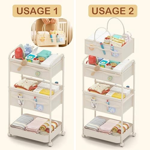 Baby Diaper Caddy, Premium Metal& Felt Movable Cart with Dividers for Newborn Nursery Essentials, Large Capacity Detachable Bedside Cart Organizer for Changing Table &Crib, Easy Assembly- Beige thumbnail 5