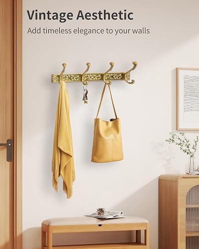 RIXIGOOD Vintage Coat Rack Wall Mount, Decorative Wall Coat Rack with 4 Hooks for Hanging Key Purse Hat Robe Towel Clothes Unique Hanger for Bathroom Shower Entryway Antique Brass 1 Pack thumbnail 2