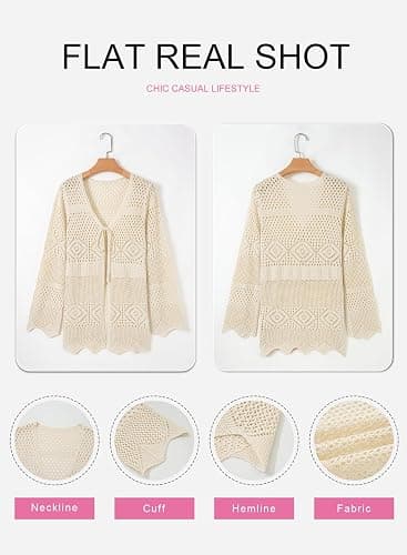 SHEWIN Crochet Cardigans for Women Long Sleeve Tie Front Bow Cardigan Sweaters Hollow Out Knit Summer Beach Vacation Coverups thumbnail 9