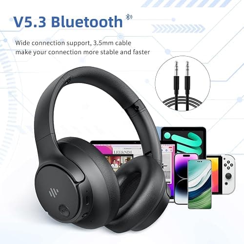 Eduiosma Active Noise Cancelling Headphones, Wireless Over Ear Bluetooth Headphones with Microphone, Transparency Mode, 70H Playtime, Hi-Res Audio, Deep Bass, Bluetooth 5.3, Lightweight Design,Black thumbnail 3