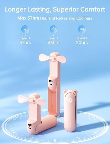 JISULIFE Handheld Fan with 4500 mAh Powerbank Max 37 Hours Runtime, Pocket Portable Battery Operated or USB Powered Folding Personal Fan, 3 Speeds, Gifts for Women Men Kids Gift for Festival-Pink thumbnail 3