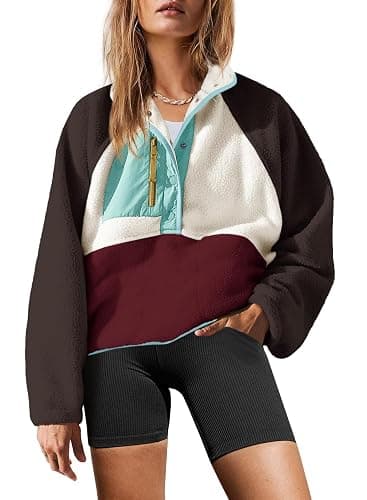Yanekop Womens Fuzzy Fleece Pullover Sherpa Sweatshirt Long Sleeve Button Down Sweater Winter Fleece Jacket with Pockets - Image 1