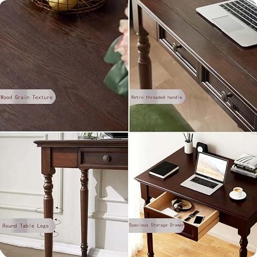 Conabaen Walnut Writing Desks with Drawers, 35" Solid Wood French Country Style Computer Desk for Home Office, Living Room Study or Workspace thumbnail 6