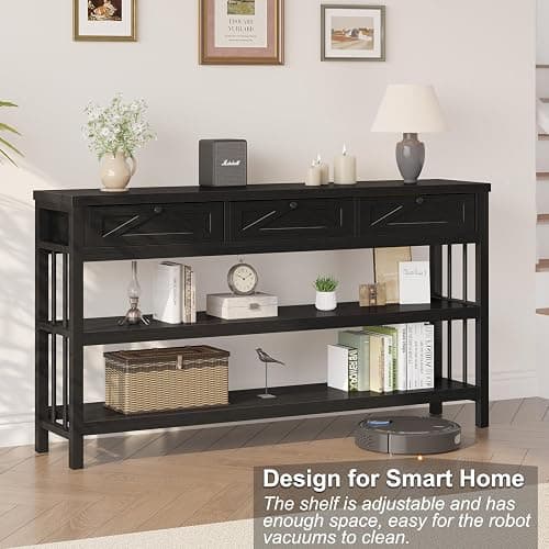 HSH Black Entryway Table with Drawers, 55” Sofa Table with Storage for Living Room, 3 Tier Console Tables with Shelves for Entrance, Wood Metal Entry Hallway Table Behind Couch, Black Oak, 55 Inch thumbnail 5