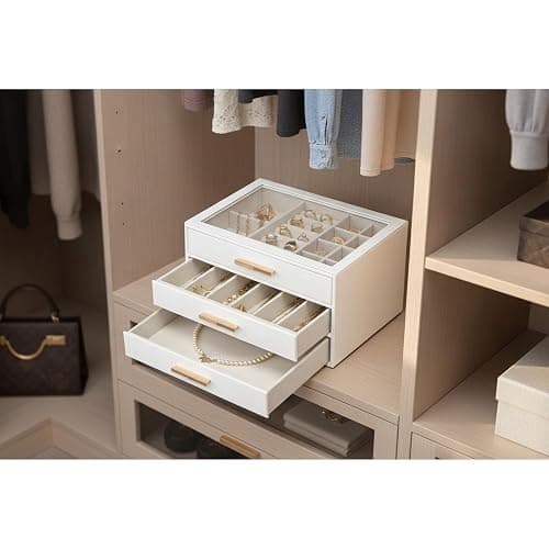 Vlando 3-Drawer Jewelry Box Organizer with Glass Lid, White | Faux Leather Jewelry Organizer for Rings Earrings Necklaces and More, Gift-Ready Jewelry Case for Women Girls or Moms thumbnail 6