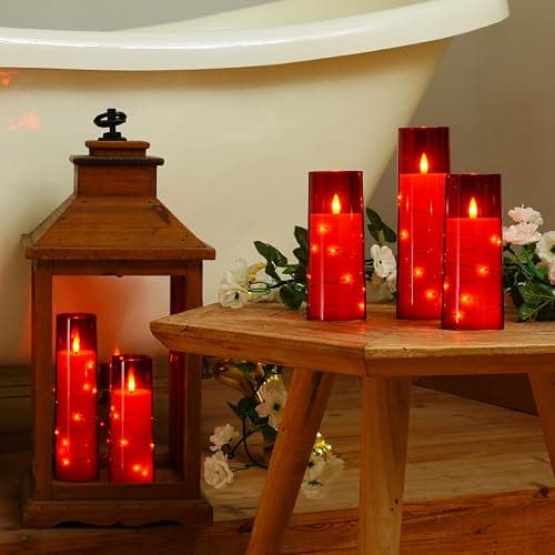 Raycare Valentines Day Flameless Candles with Embedded Star String, 5 Pcs Battery Operated Acrylic Pillar Candles with Timer and Remote, LED Candles for Romantic Ambiance and Home Decoration(Red) - Red thumbnail 7