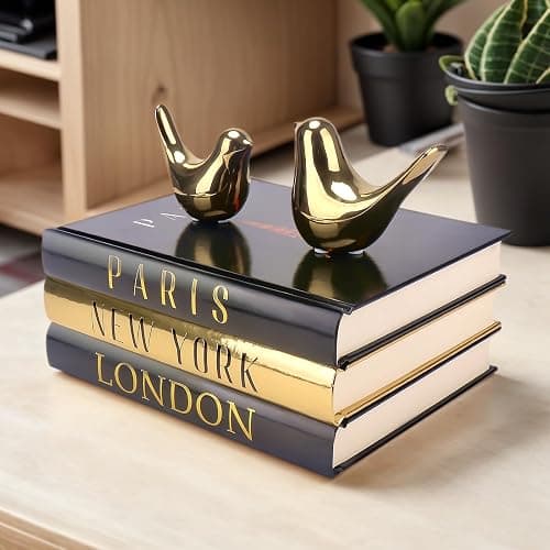 Decorative Books for Home Decor with Small Birds Statues Gold Home Decoration, Modern Style Coffee Table Book Decor, Stacked Books for Bedroom, Living Room, Office Desktop, Cabinets Shelf Decor - Gold thumbnail 8