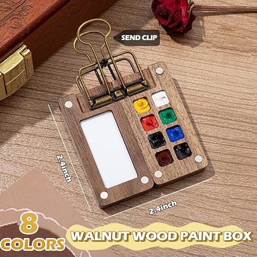 Pocket Artist Watercolor Travel Set, Travel Paint Palette, Wooden Paint Palette Travel Kit, Mini Portable Watercolor Palette with Clip for Artists Painters Students (12 Colors 8 Grid Set) thumbnail 3