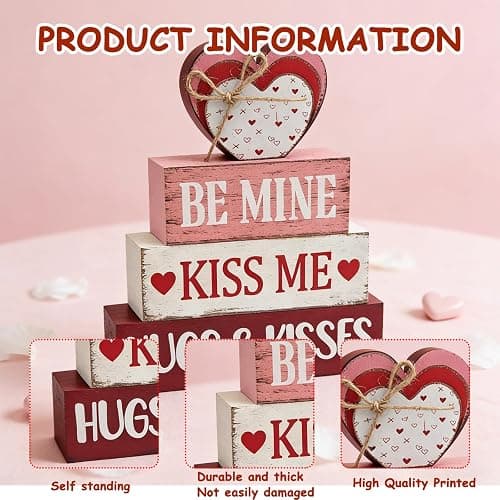 4 Pcs Valentine's Day Table Decoration, Valentine Wooden Sign Love Table Centerpiece Rustic Distressed Valentines Centerpieces Blocks Farmhouse Tiered Tray Decor for Farmhouse Holiday Tabletop thumbnail 4