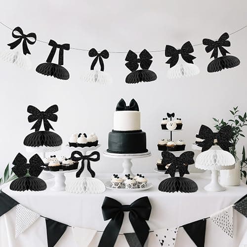 Cheerupp 8 Pcs Black Bow Glitter Honeycomb Centerpieces Decorations, Black White Table Toppers Decor, Bow 3D Table Signs for Baby Shower Bachelorette Birthday Party Supplies thumbnail 2