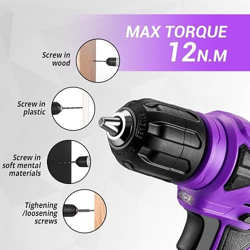 Tool Set: Tool Kit with 8V Cordless Drill, Hand Toolbox with storage case, Tool set for Home Repairs 126 Piece, Purple thumbnail 5