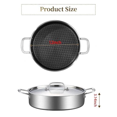 DELARLO Tri-Ply Stainless Steel Braiser Pan with Lid 5 Quart Nonstick Induction Rondeau Cooking Pot 12inch Deep Frying Pan Large Saute Pan Heavy Duty,Dishwasher and Oven Safe to 550℉ thumbnail 6