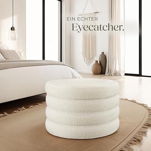 tectake® Hocker mit Stauraum, XL Scandi Sitzhocker Bouclé Teddy Stoff, Pouf, Polsterhocker rund für Schminktisch, Wohnzimmer Möbel, als Flur Möbel, Stauhocker Wohnen, Ø 67 x 42 cm - Bouclé Creme-weiß thumbnail 8