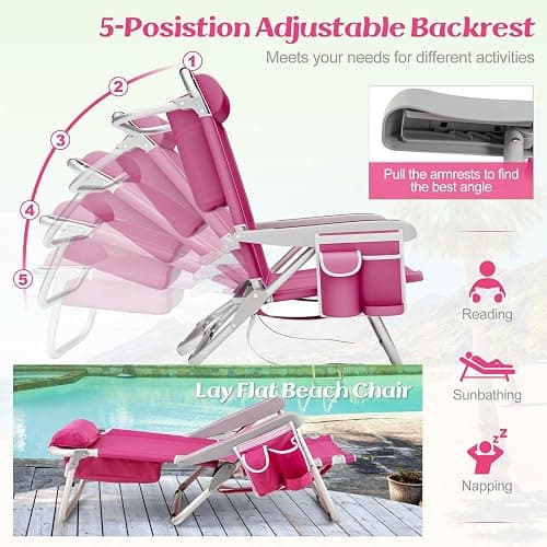 Giantex Beach Chair, Foldable Backpack Chair with 5 Adjustable Position, Cup Holder, Storage Pockets, Straps, Towel Rack, Pillow, 330lbs Aluminum Lay Flat Chairs for Outdoor Camping, Pink thumbnail 5