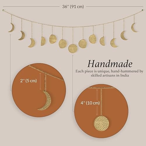 BASE ROOTS Moon Phase, Gold Wall Decor for Bedroom & Living Room, Bohemian Wall Decor, Handmade Hammered Metal 36" 13 Phases Moon, Celestial Wall Art, Gift for Women & Kids thumbnail 2