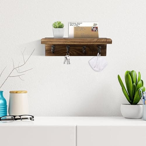 HRONRAD Rustic Key Holder for Wall, Farmhouse Wall Shelf with 4 Hooks, Wall Mounted Key Racks, Wooden Mail Organizer with Hooks for Entryway (Brown) thumbnail 2