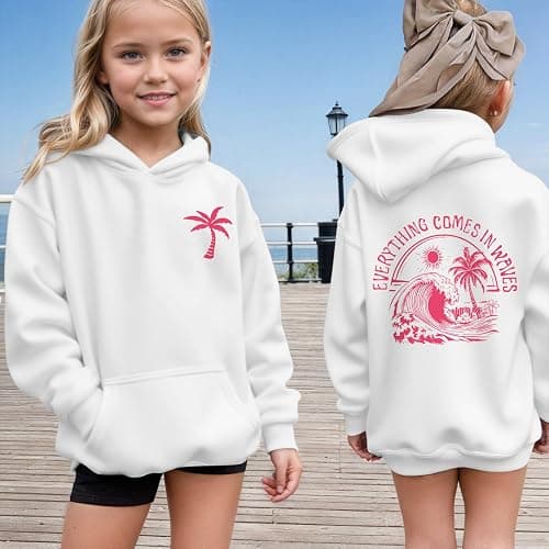 KIEKIECOO Girls Palm Graphic Hoodie Beach Cute Hoodies With Pocket Kids Preppy Sweatshirt Ocean Pullover Long Sleeve Top thumbnail 4