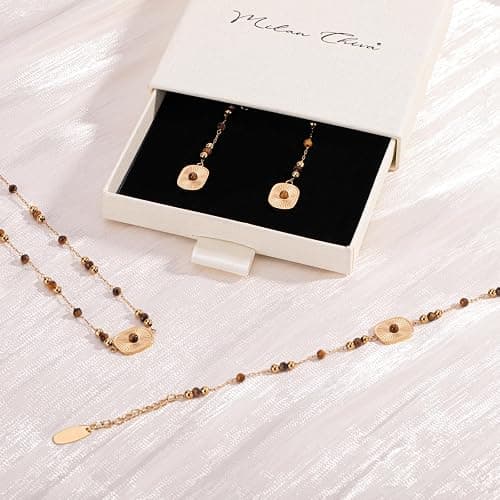 Milan Chiva 14K Gold Plated Mother of Pearl Earrings, Dangle beaded earrings White Gold Black Charm Drop Statement Dainty Jewelry, Minimalist Square Dangle Hoop Huggie beaded Earrings for Women Trendy thumbnail 5