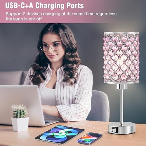 GyroVu Crystal Table Lamp, Pink Touch Lamp with USB C+A Ports, 3 Way Dimmable Lamp with Crystal Shade, Bedside Lamp Small Lamp for Girl Bedroom, Living Room(Buld Included) thumbnail 4