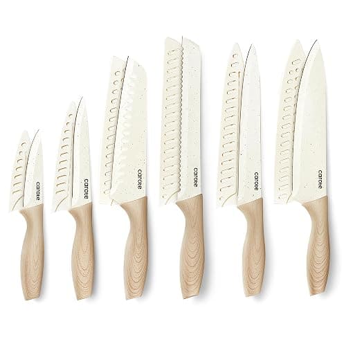 CAROTE 12PCS Knife set with Blade Guards,Granite Nonstick Ceramic Coating,Stainless Steel blade, Wood Grain Handle, Essential knife set,White - Image 1