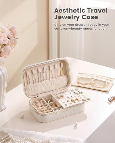 Lolalet Travel Jewelry Case for Women Girls, Travel Jewelry Organizer with Clear Storage Bag Small Portable Jewelry Box for Necklace Bracelet Earring Ring Valentines Bridesmaid Gifts -Medium/Beige thumbnail 7
