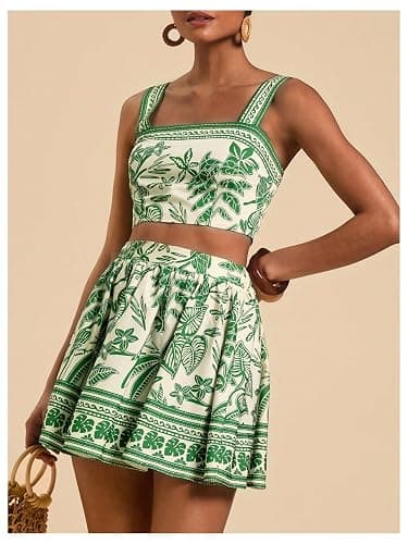 Floerns Women's Two Piece Outfit Tropical Crop Cami Top and Summer Skirts Set thumbnail 2