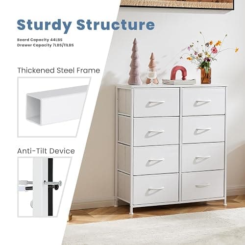 DUMOS Dresser for Bedroom with 8 Fabric Drawers, Tall Chest Organizer Units for Clothing, Closet, Kidsroom, Storage Tower with Cabinet, Metal Frame, Wooden Top, Lightweight Nursery Furniture, White thumbnail 7