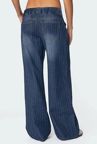 loveimgs Women Mid Rise Wide Leg Jeans Y2k Baggy Striped Jeans Boyfriend Flared Denim Pants Pocket Patchwork Trousers 2026 thumbnail 4