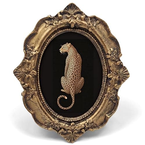 Dimurela Vintage Cheetah Leopard Small Oval Picture Frame, Dark Academia Black Bronze Photo Frame, Trendy Preppy Mini Tabletop Wall Decor Art for Shelf Desk Bedroom Living Room Girls Home 3.9x4.7in - Image 1