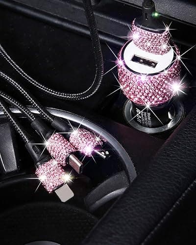 Bling USB Car Charger 5V 2.4A Pink Crystal Decor Dual Port Fast Adapter with 4ft Nylon Type C Micro USB 3 in 1 Multi Charging Cable for iPhone iPad Android, Auto Interior Accessories for Women - Pink thumbnail 6