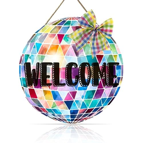 OLMIXA Colorful Disco Ball with Bow Wooden Hanging Sign (11.4x11.7inch), Disco Ball Welcome Door Hanger Sign, Shiny Welcome Sign for Dance Party Girl Bedroom Apartment Classroom Decor - Image 1