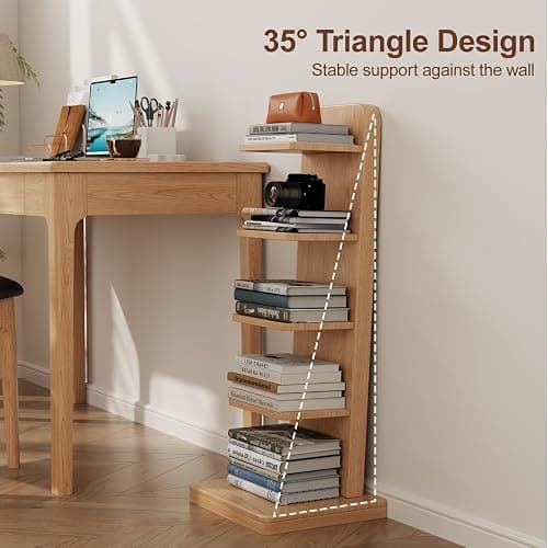WoodsWhisper Narrow Bookshelf Ladder Bookshelf 5 Shelf Bookcase, Mid Century Modern Bookcase with Freestanding Display Shelves,Anti-tip Device and Thickened Base for Small Space,Living Room, Office - Natural - 5C thumbnail 5
