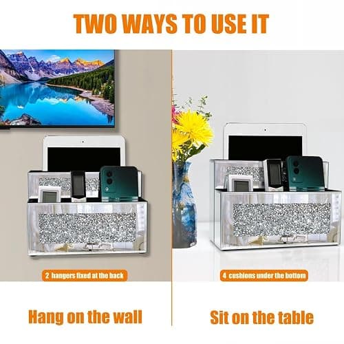 GOTHICO Mirrored Remote Holder, Wall or Tabletop Mounted Crush Diamond Bling Decoration Organizer Storage Caddy for Remote Phone Pad Notebook Makeup Brush,4 Slots in 3 Sizes,9.1"×6.1"×4.8" thumbnail 4