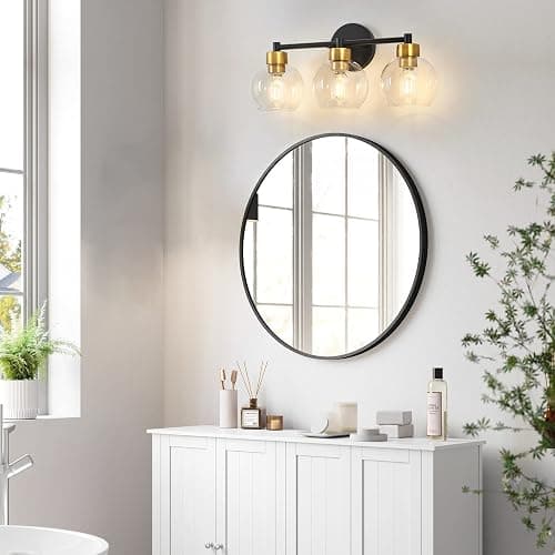 diniluse Black and Gold Bathroom Light Fixtures, 3 Lights Bathroom Vanity Light Round,Vanity Lights with Clear Globe Glass Shades, Wall Sconce for Mirror, Bedroom, Living Room, Kitchen - Gold - 3-Light thumbnail 7