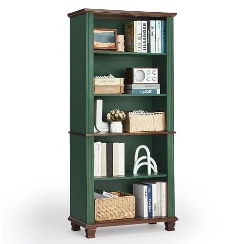 SAVOR LIFE 70" Tall Green Bookshelf,5 Tier Wooden Book Shelf with Adjustable Shelves & Wood Legs,Free Standing Farmhouse Bookcase with Open Display Storage,Vintage Bookshelves for Library,Classroom - Image 1