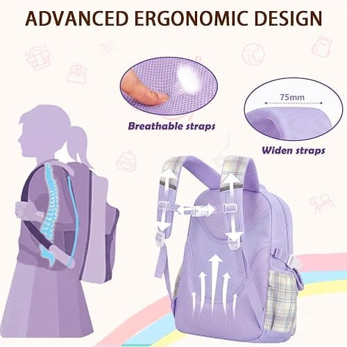 PRLINJSK Girls Backpack，Cute School Backpack for Girls Kids Teens，Kawaii Bookbag for Primary Elementary，Purple thumbnail 6