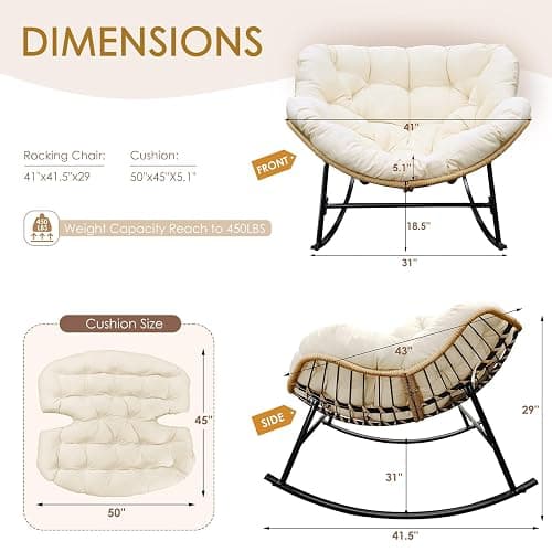 NICESOUL Papasan Rocking Chair with Cushion Indoor Outdoor, Oversized Padded Egg Rocking Chair, All-Weather Wicker Rattan Lounge Rocker, 450 lbs Capacity Glider for Living Room Balcony Porch, Beige thumbnail 2
