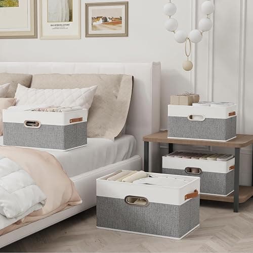 Yawinhe Fabric Storage Baskets, Foldable Closet Organizer for Shelves, Large Boxes with 3 Handles, Canvas Bins for Clothes, White/Grey, 12.99''Lx9.05''Wx7.87''H, 4-Pack thumbnail 2