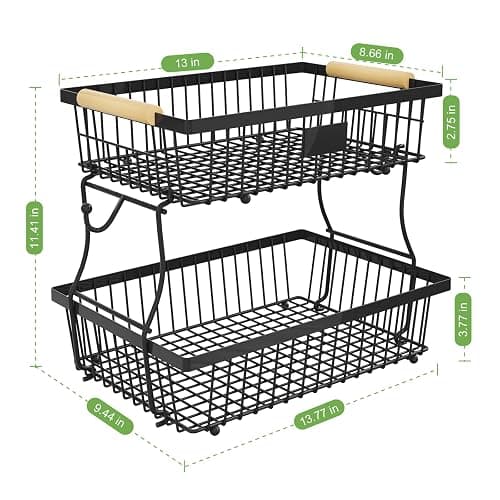 Astrorhine 2 Tier Fruit Basket for Kitchen Counter with 2 Banana Hangers, Countertop Metal Bread Basket with Wooden Handle, Large Storage Stand for Vegetables, Snacks, Eggs, Produce Storage – Black thumbnail 2