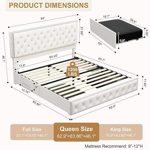 Torana Queen LED Bed Frame with 2 Drawers, Soft Velvet Platform Bed with Diamond Tufted Headboard Footboard and 2 Side Pockets, Mattress Foundation with Wooden Slats Support No Box Spring Needed Cream thumbnail 2