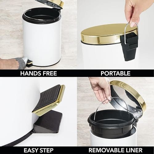 mDesign Pedal Bin — Metal Waste Bin with Pedal, Lid and Plastic Bucket Insert — Perfect for Bathroom, Kitchen, and Office — Household Rubbish Bin with Ergonomic Design — White/Gold thumbnail 6