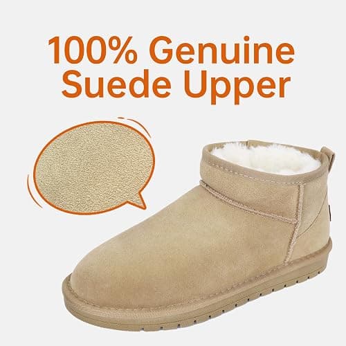 EVELLYHOOTD Genuine Suede Ankle Snow Boots for Women Men-Water Resistant Warm Flat Padded Winter Fuzzy Mini Boots with Cozy Faux Fur Lining thumbnail 3