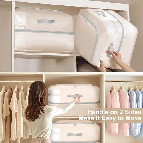 Easortm Comforter Storage Bag - 110L Large Capacity Blanket Storage Bags 2-Layer Ultra Space Saving Self Compression Organizer, Washable Compression Bags for Storage Comforter Blanket, 4-Pack, Beige thumbnail 6