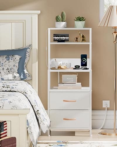 Furnulem Night Stand, Tall White Nightstand with 4-Tier Shelves, 2 PU Fabric Drawers and Light Tube, Bed Side Tables with Charging Station, Bedside Table for Bedroom thumbnail 8